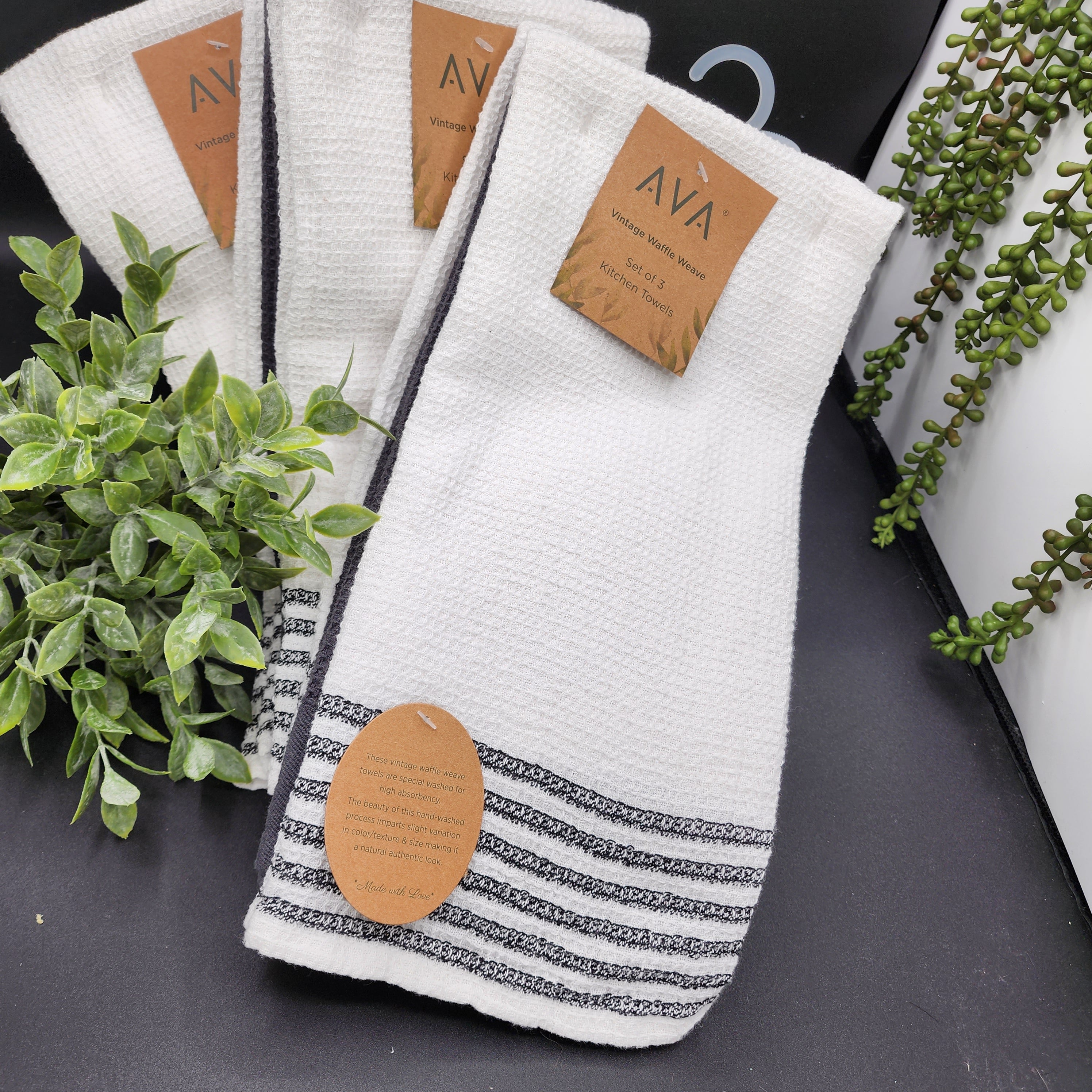 AVA Vintage White with Black Stripes Set of 3 Kitchen Towels
