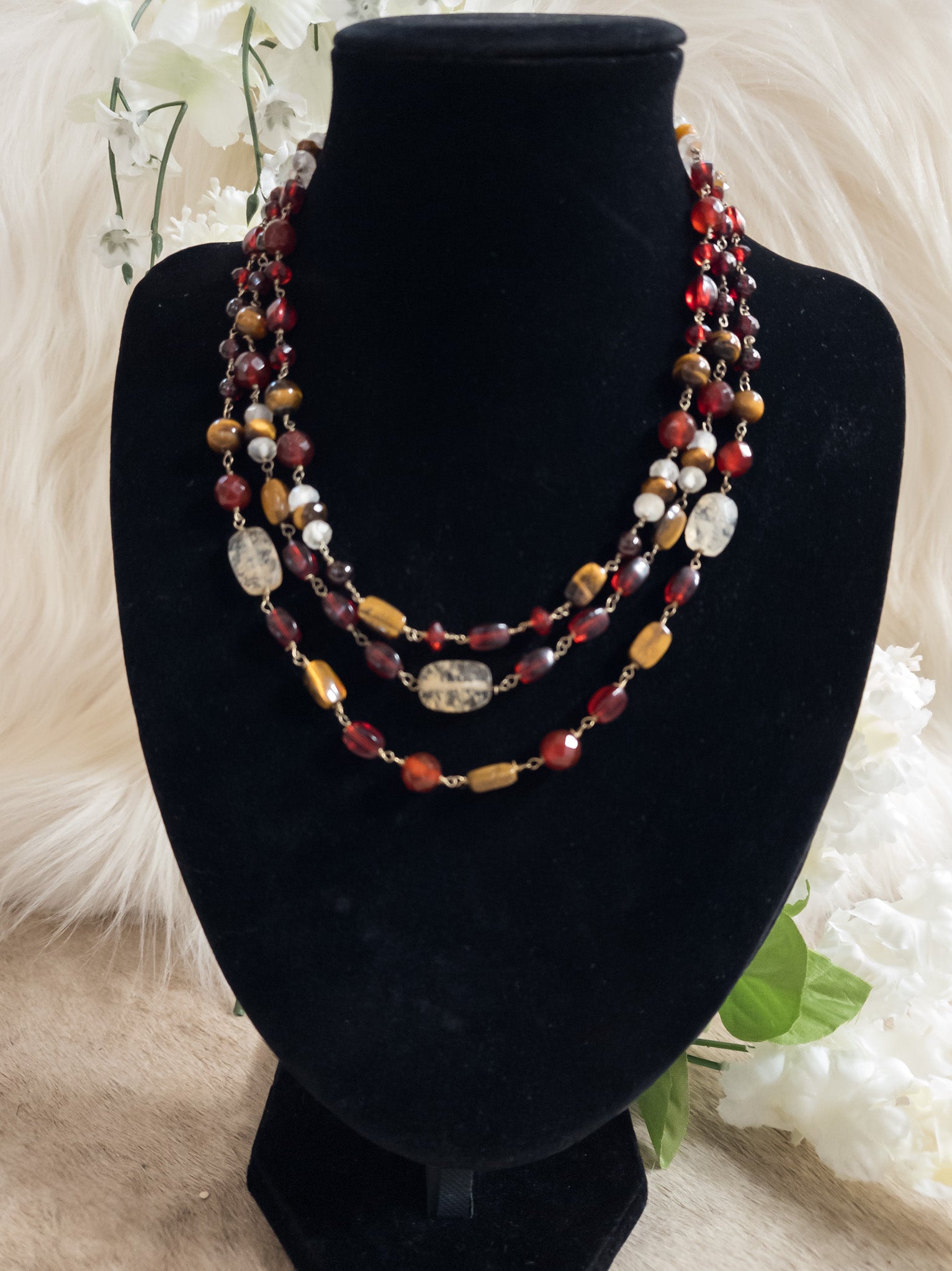 Beautiful Crafted Tigers Eye Stone and Red Rhinestone Necklace