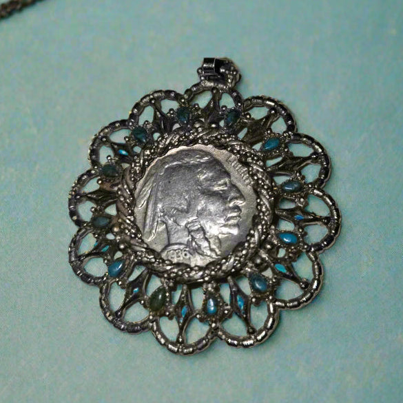 1936 Indian Buffalo Nickle Hand Crafted Silver and Turquoise Pendant