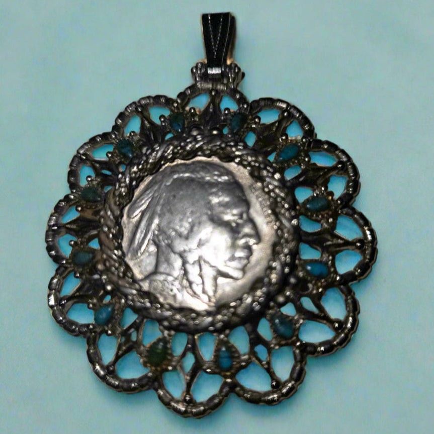 1936 Indian Buffalo Nickle Hand Crafted Silver and Turquoise Pendant