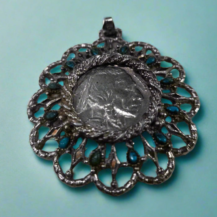 1936 Indian Buffalo Nickle Hand Crafted Silver and Turquoise Pendant