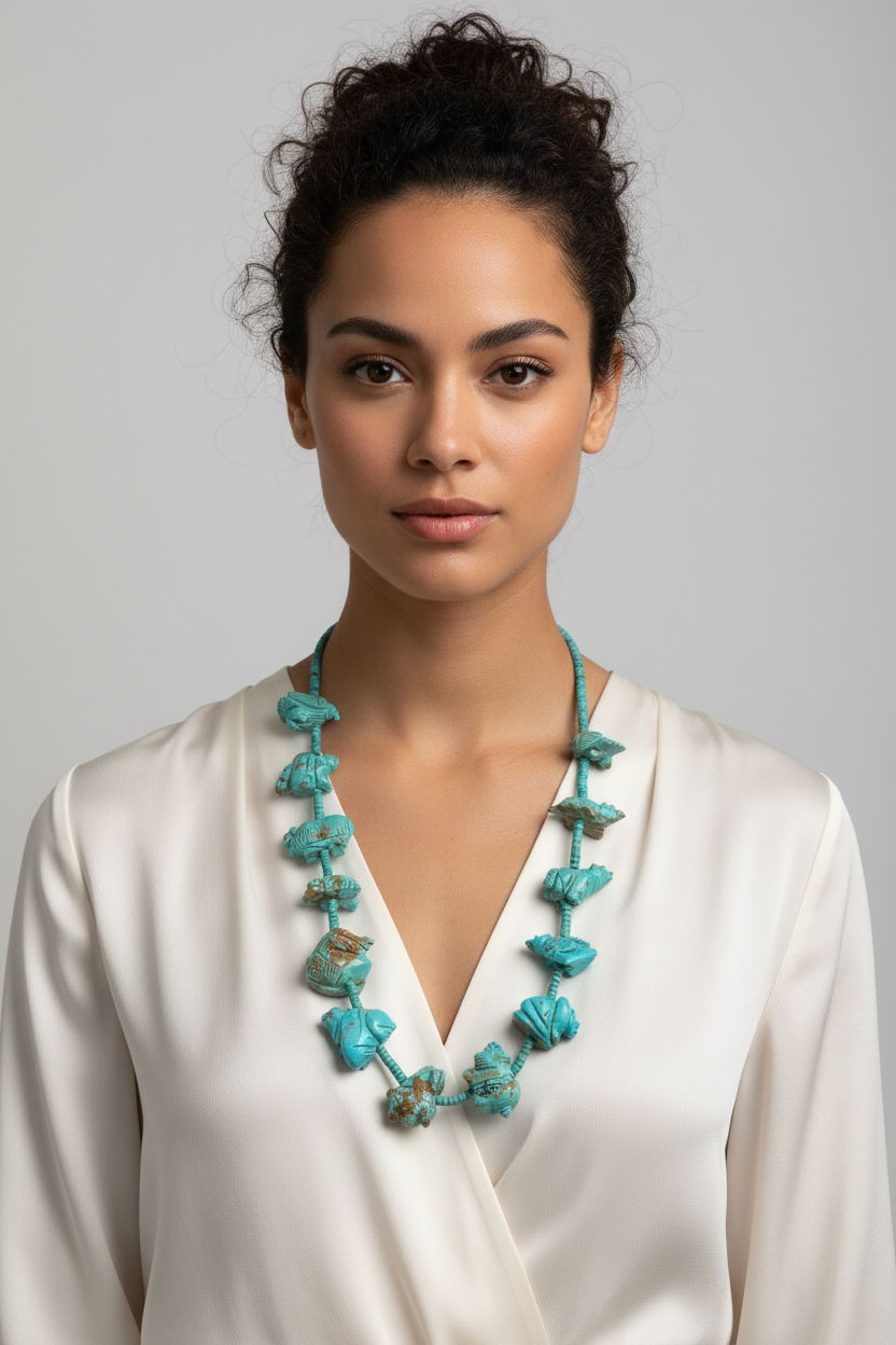 Hand Crafted Native American Navajo Turquoise Fetish Necklace Heirloom Statement Piece