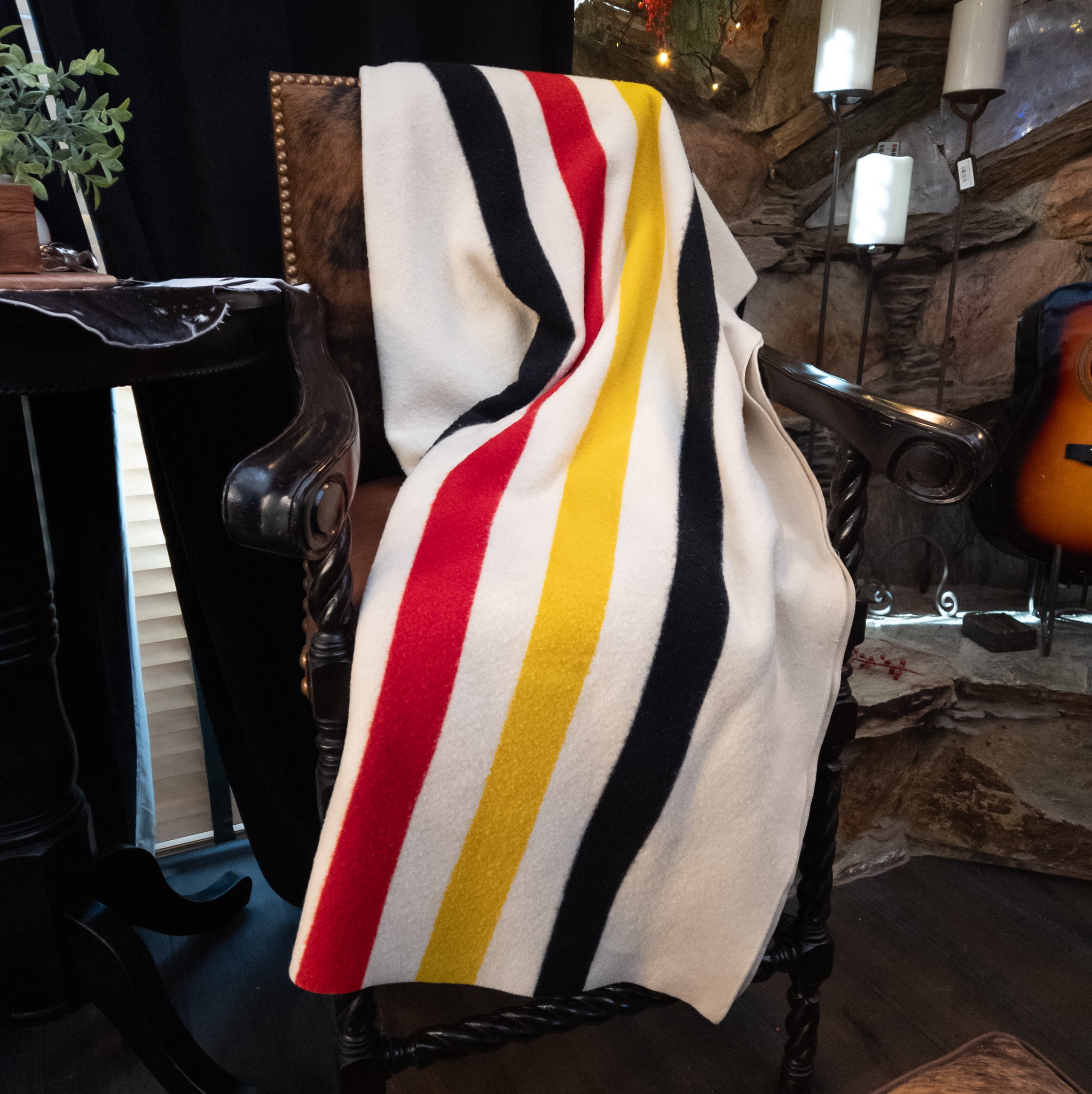Pendleton Glacier Park Virgin Wool Blanket Cream Colored with Vibrant Black Yellow & Red Stripes