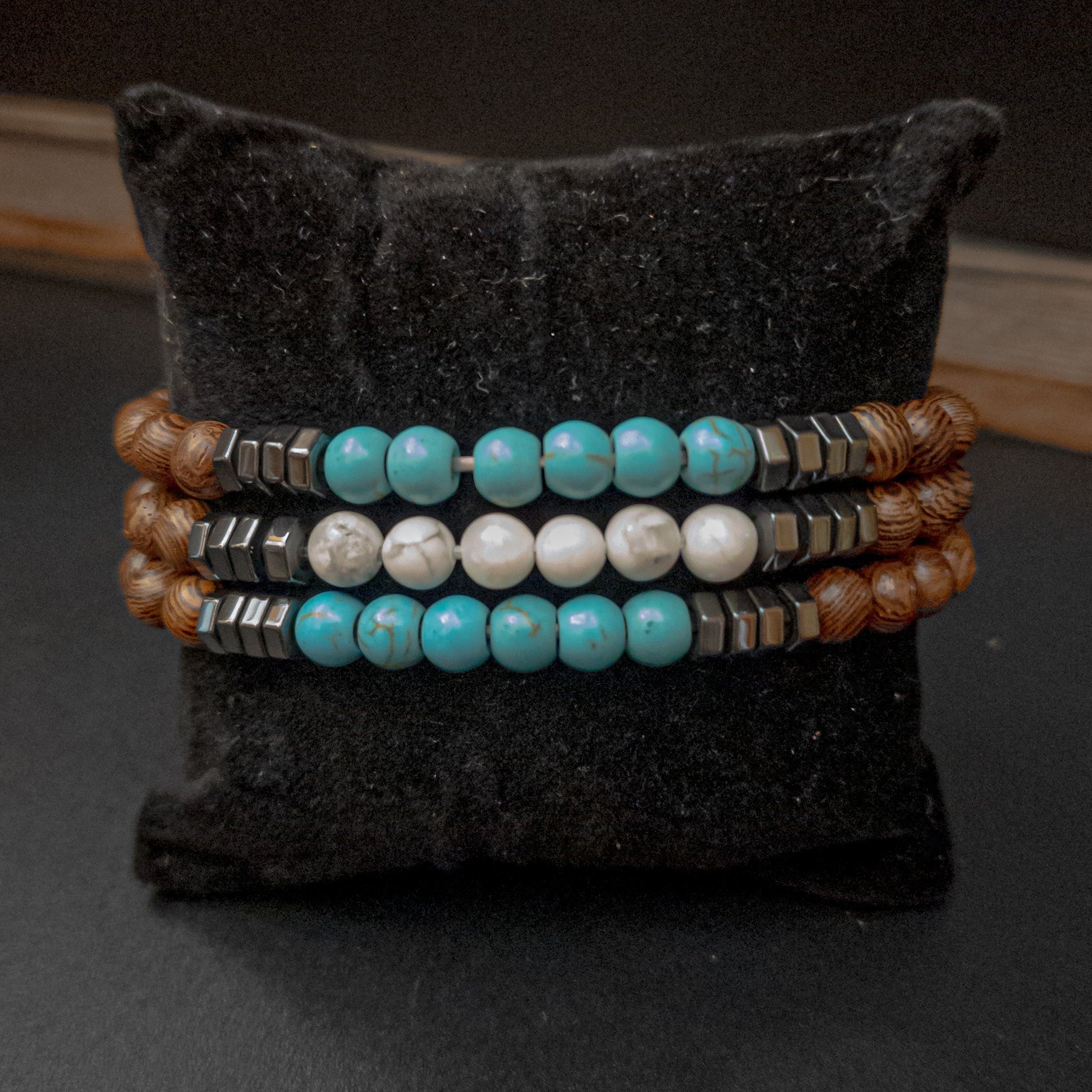 Vibrant Unique Wood, Howlite, And Hematite Beaded Stretch Bracelet