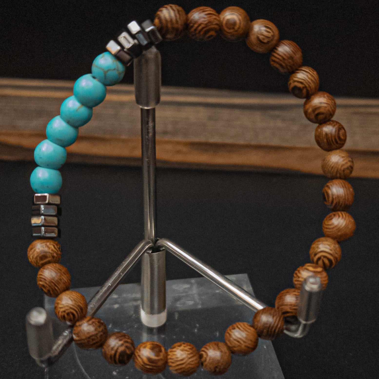 Vibrant Unique Wood, Howlite, And Hematite Beaded Stretch Bracelet
