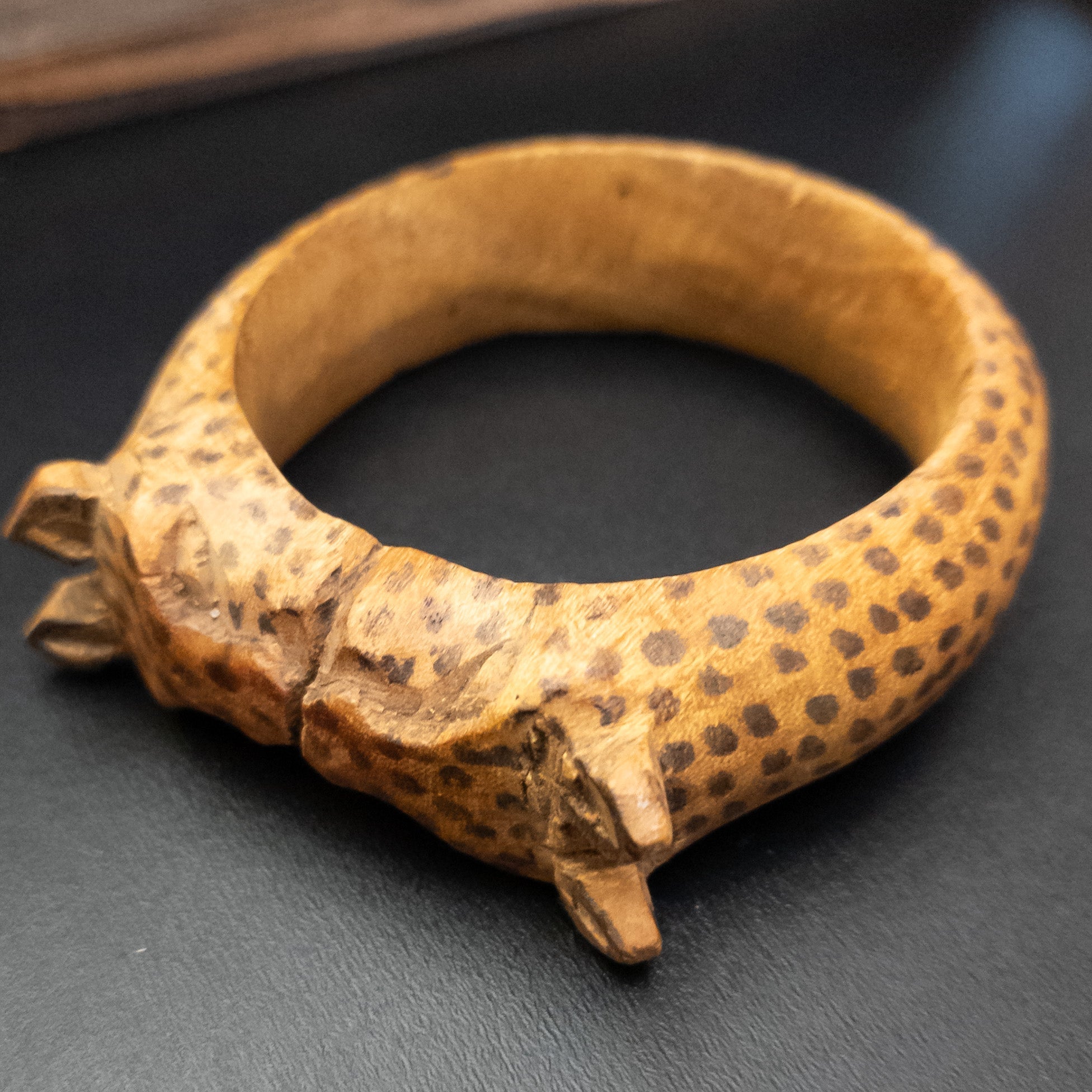 Carved Wood Cheetah Bangle Bracelet Vintage Safari Animal Tribal Art