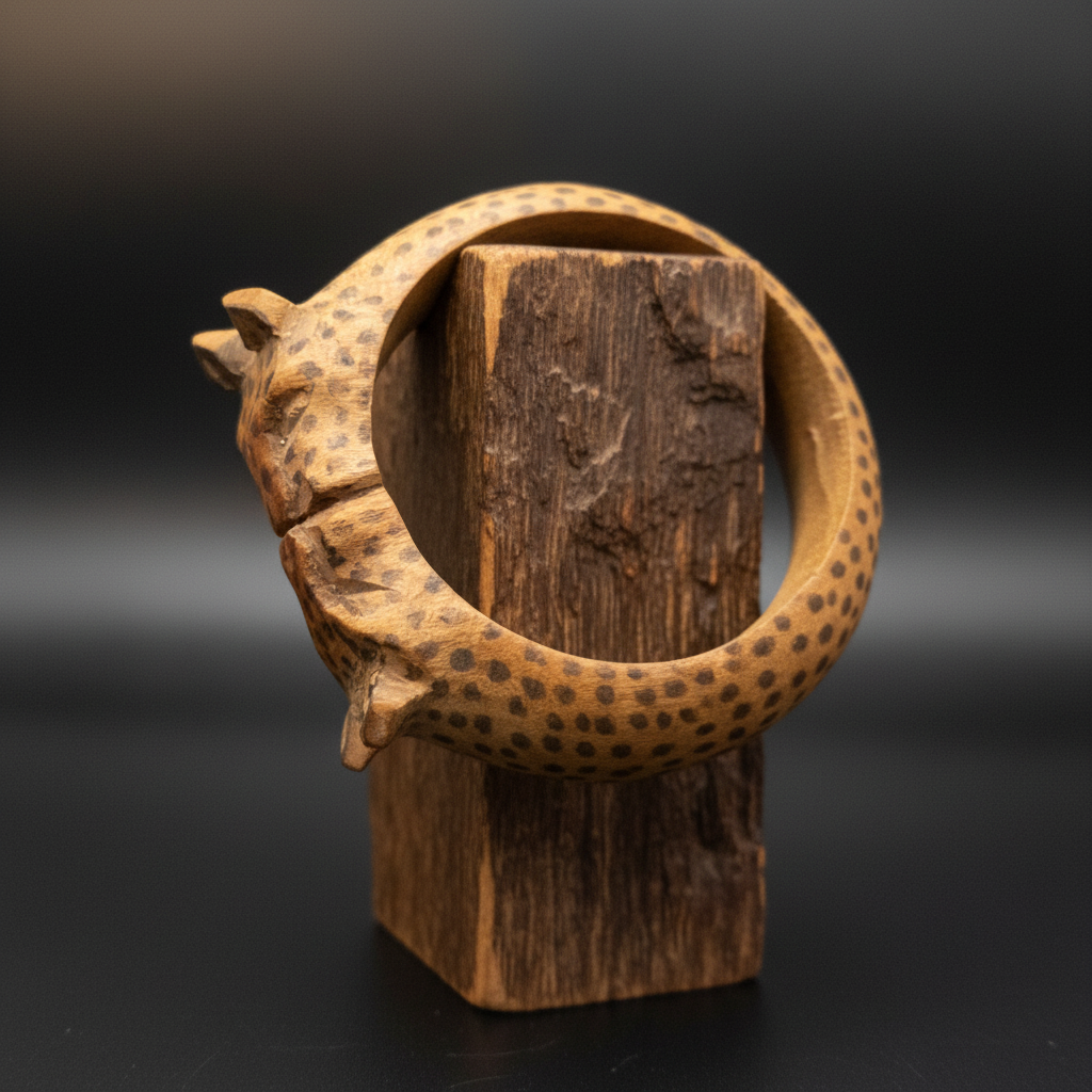 Carved Wood Cheetah Bangle Bracelet Vintage Safari Animal Tribal Art