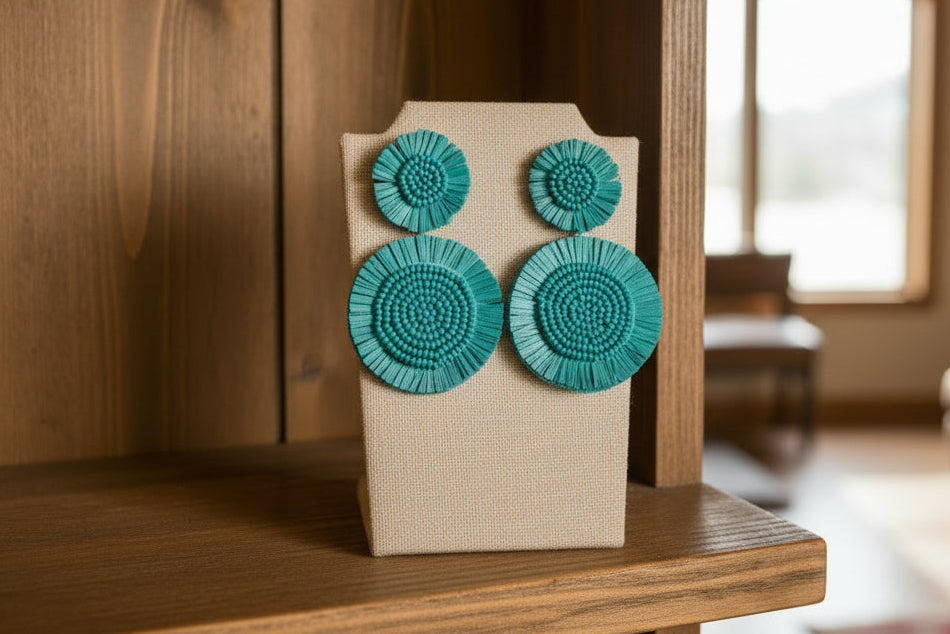 Turquoise Boho Raffia Beaded Earrings
