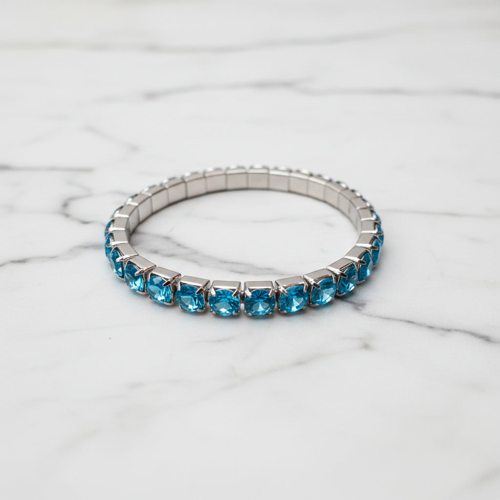 Silver Plated Aqua Blue Rhinestone Strech Bracelet