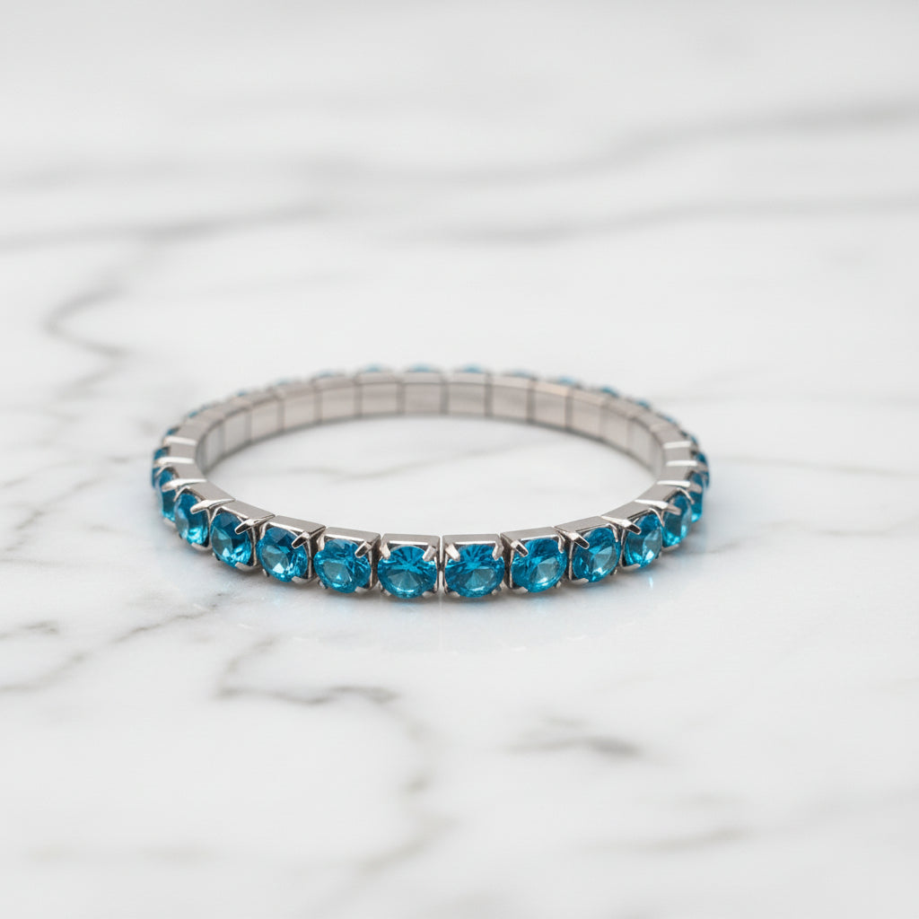 Silver Plated Aqua Blue Rhinestone Strech Bracelet