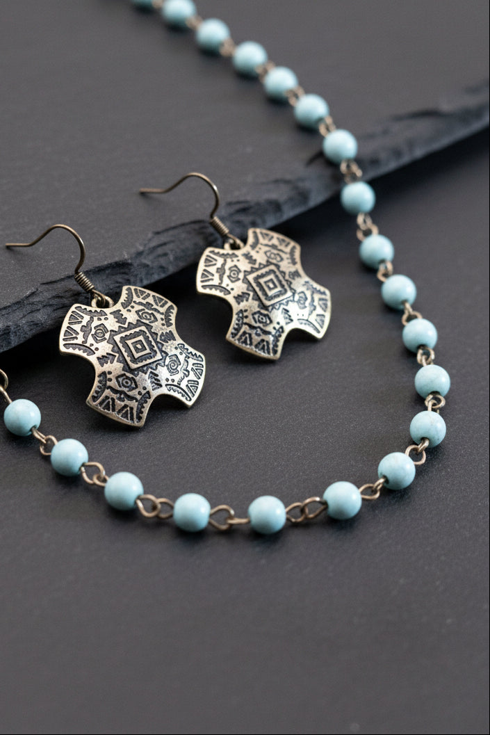 Brass Ethiopian Coptic Cross Pendants on a Blue Beaded Necklace with Matching Coptic Cross Earrings