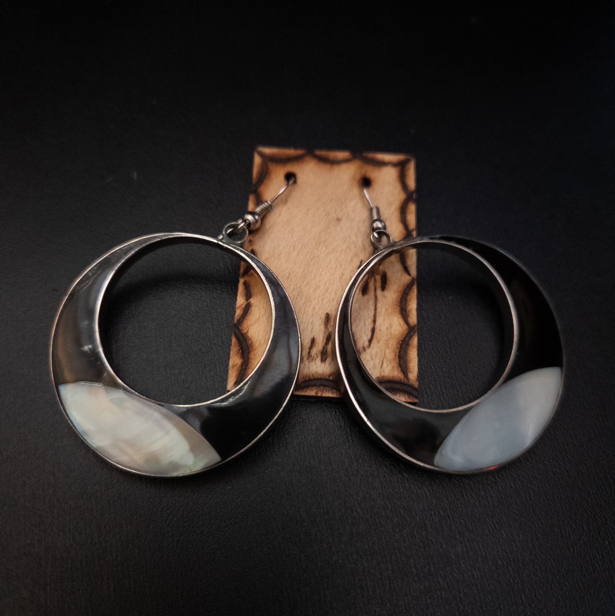 Silver Cresent Moon Mother of Pearl and Onyx Earrings from Cuba