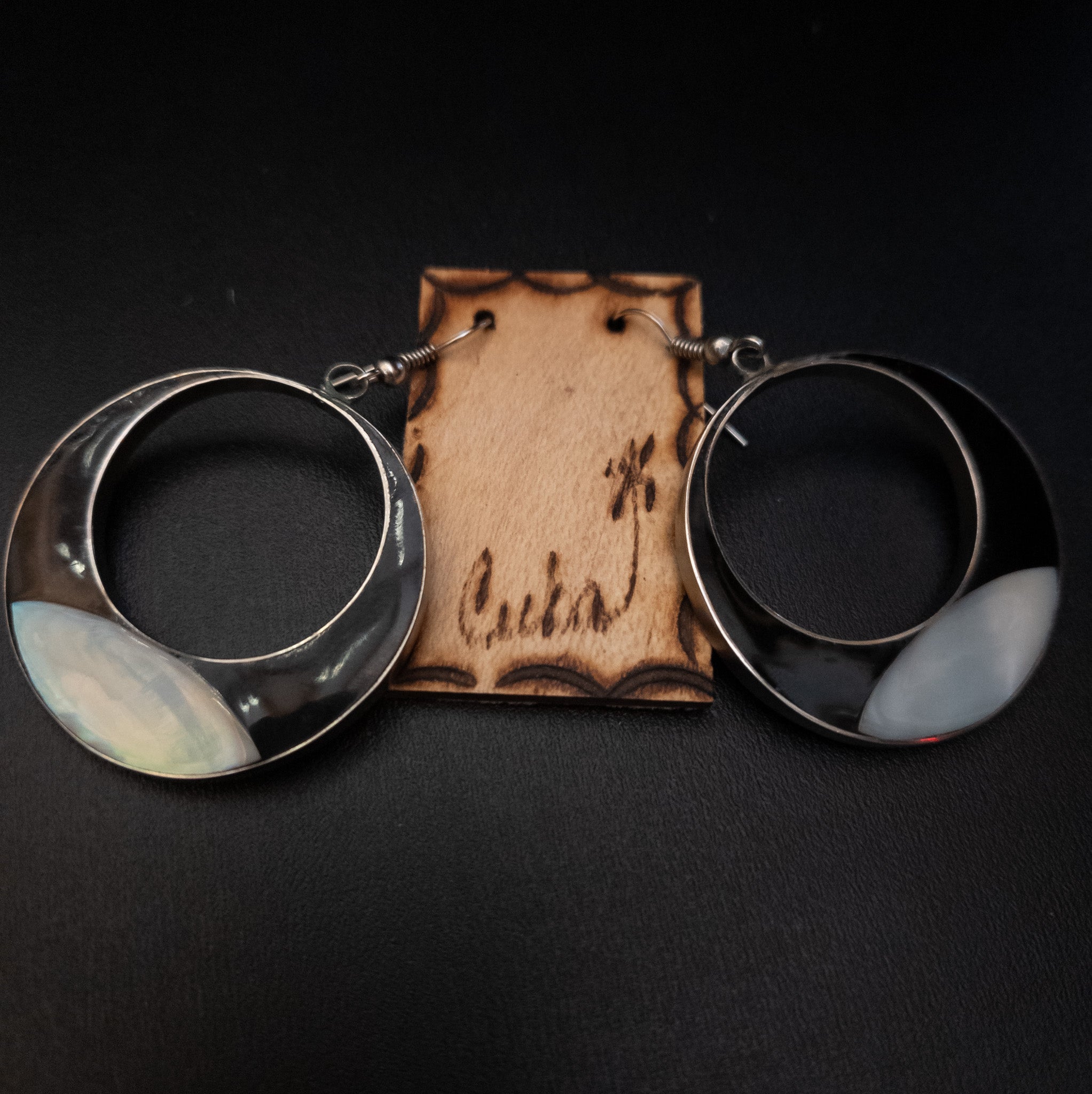 Silver Cresent Moon Mother of Pearl and Onyx Earrings from Cuba