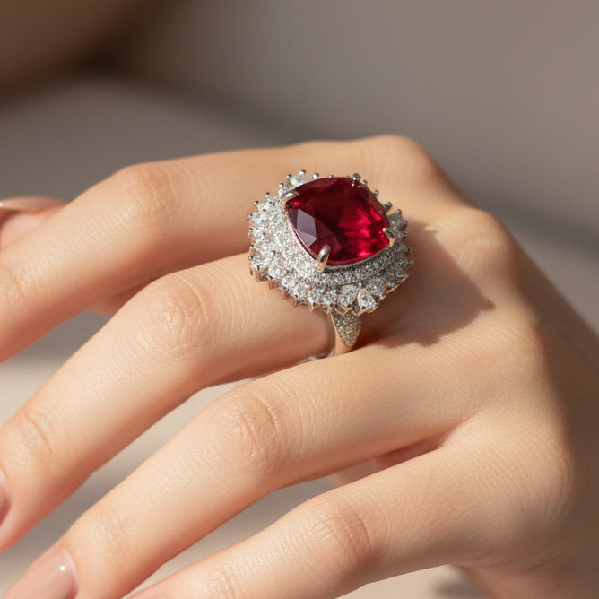 Elegant Red Rhinestone 925 Silver Plated, Cubic Zircon Wedding Rings size 9