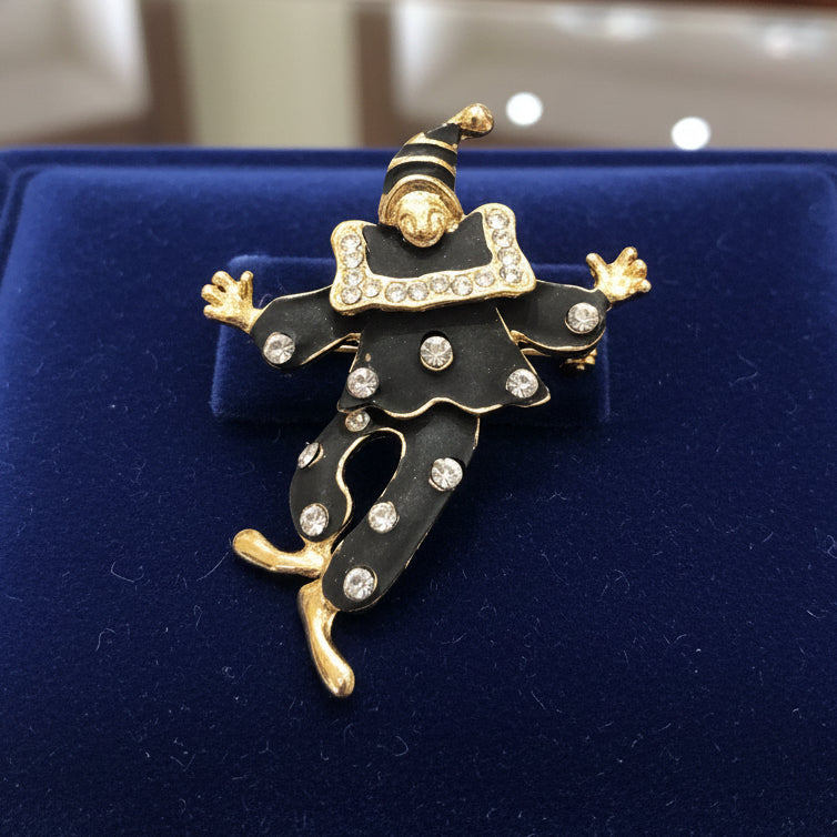 Vintage Mid Century Articulated Black Enamel Rhinestone Gold Tone Clown Brooch