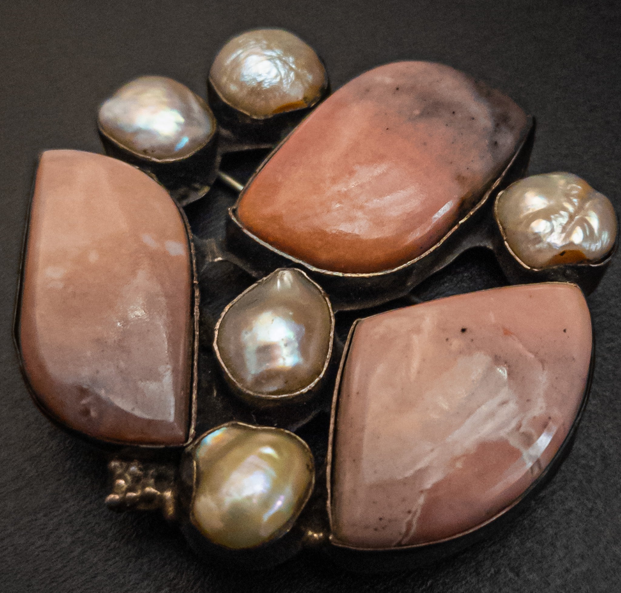 Sterling Silver Brooch Featuring Pink Conch Shell & Freshwater Pearls