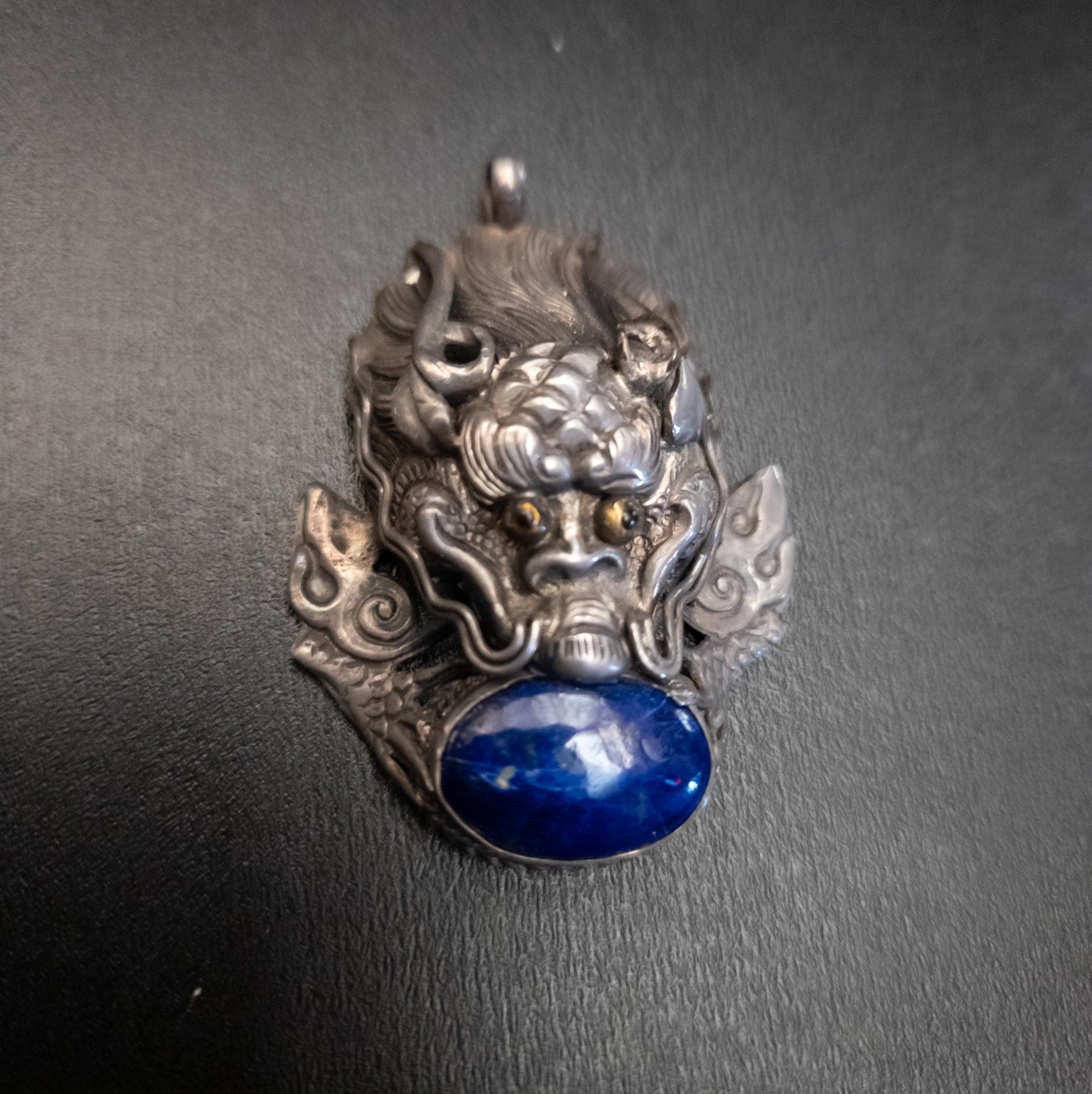Vintage Exquisite Jewelry Set 1980's Sterling Silver Lapis Lazuli Tibetan Dragon Bracelet with a Matching Necklace Charm