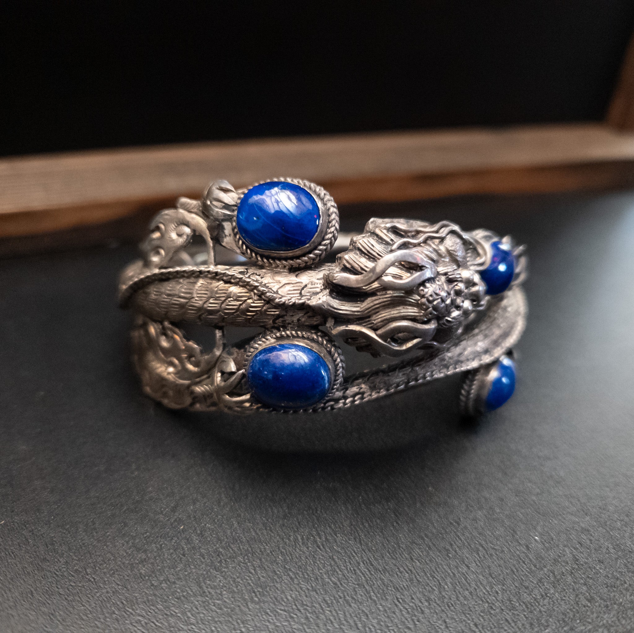 Vintage Exquisite Jewelry Set 1980's Chinese Sterling Silver Lapis Lazuli Tibetan Dragon Bracelet with a Matching Necklace Charm