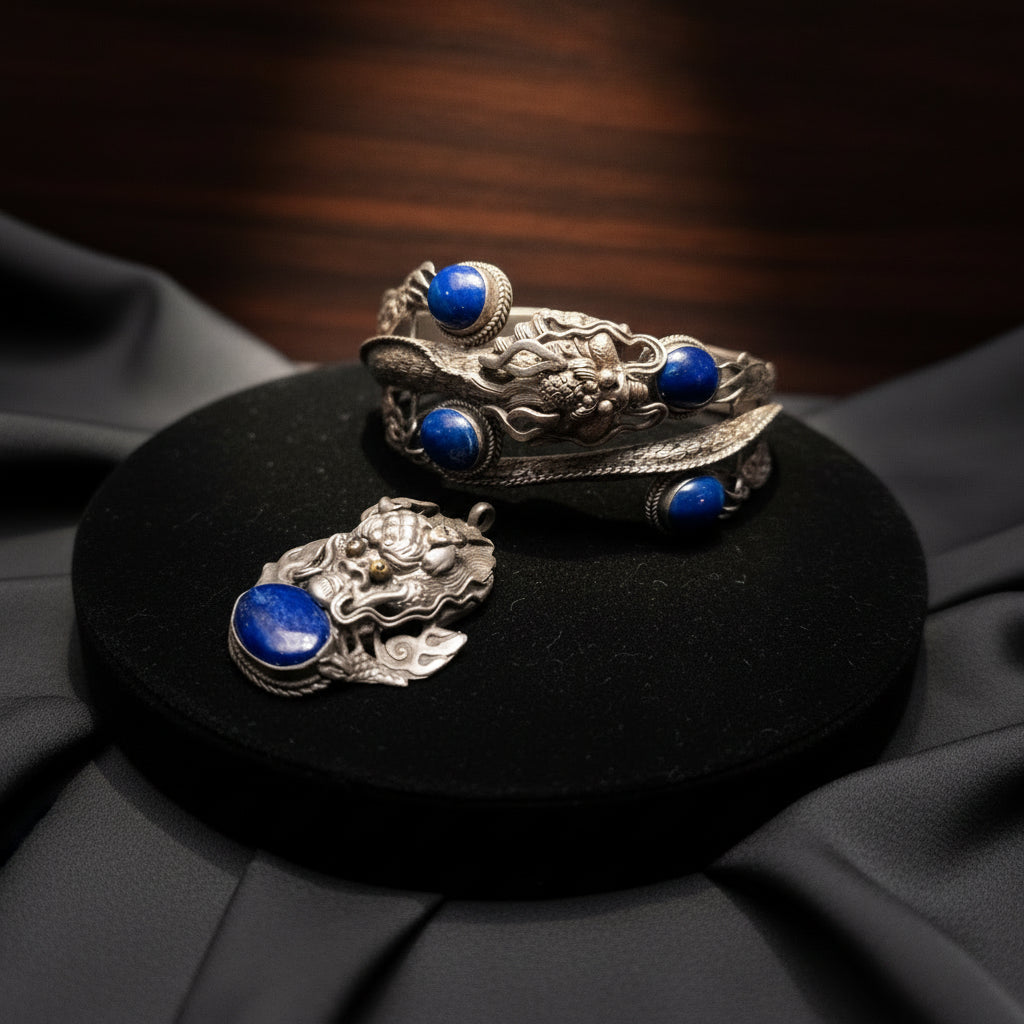 Vintage Exquisite Jewelry Set 1980's Sterling Silver Lapis Lazuli Tibetan Dragon Bracelet with a Matching Necklace Charm