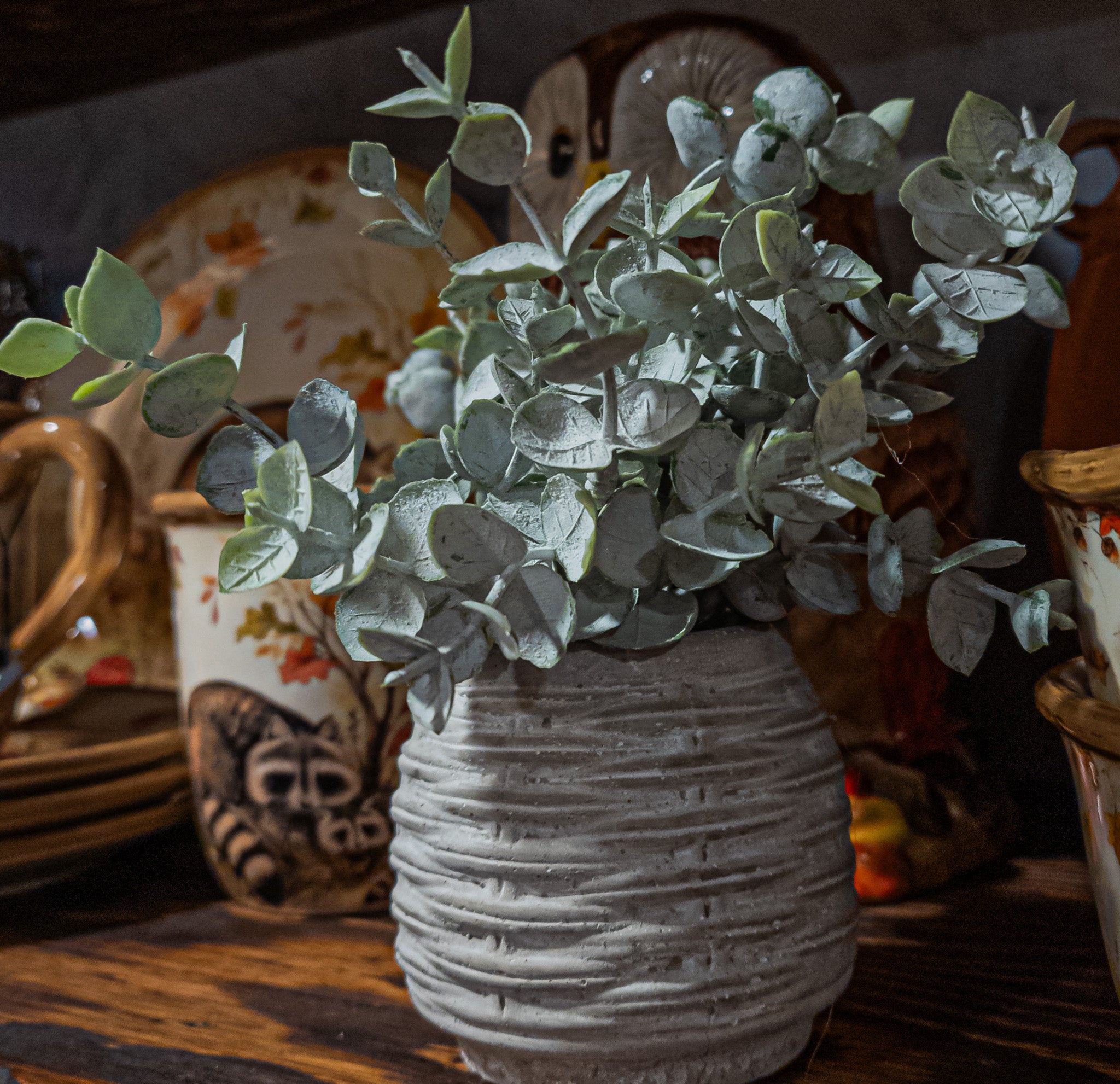 Faux Powered Eucalyptus Plant in a Rounded Ripple Ceramic Pot