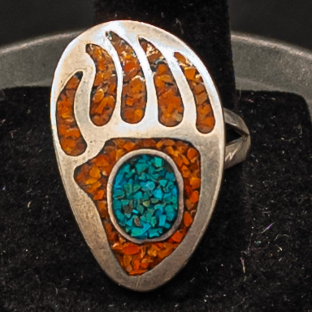 Vintage Navajo Silver Ring With Coral And Turquoise Bear Paw Size 9.5
