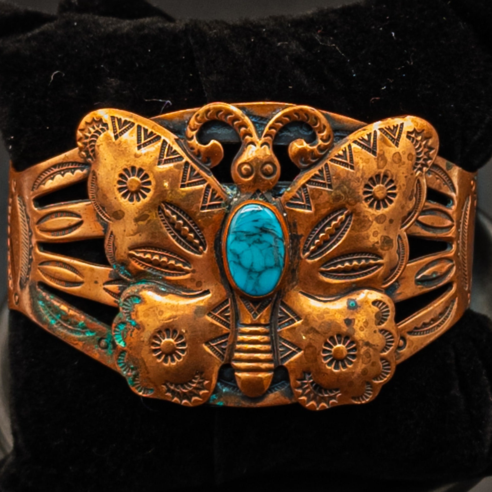 Copper Butterfly Cuff Bracelet With Faux Turquoise