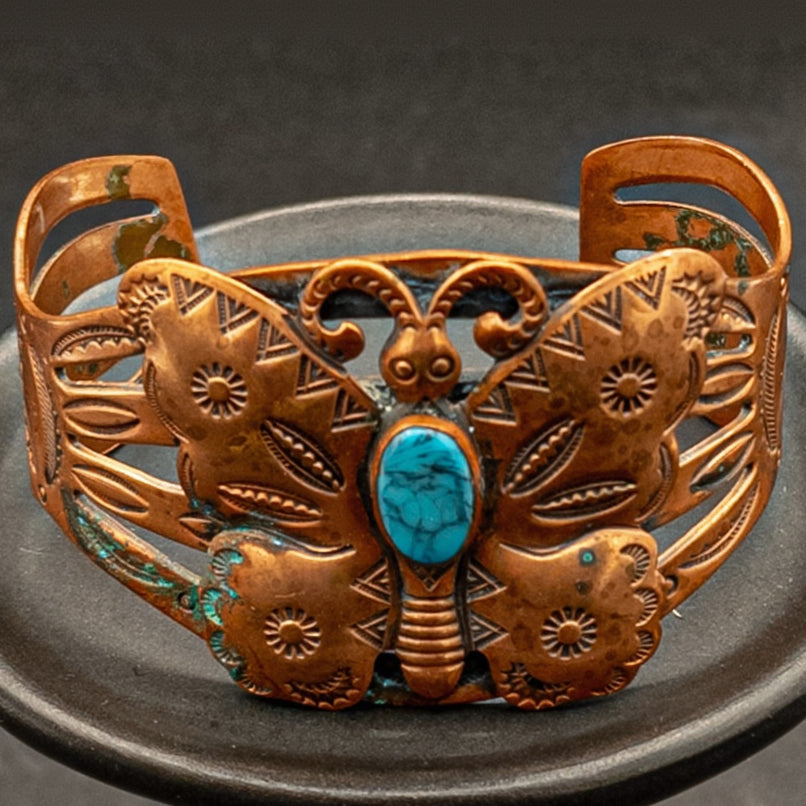 Copper Butterfly Cuff Bracelet With Faux Turquoise