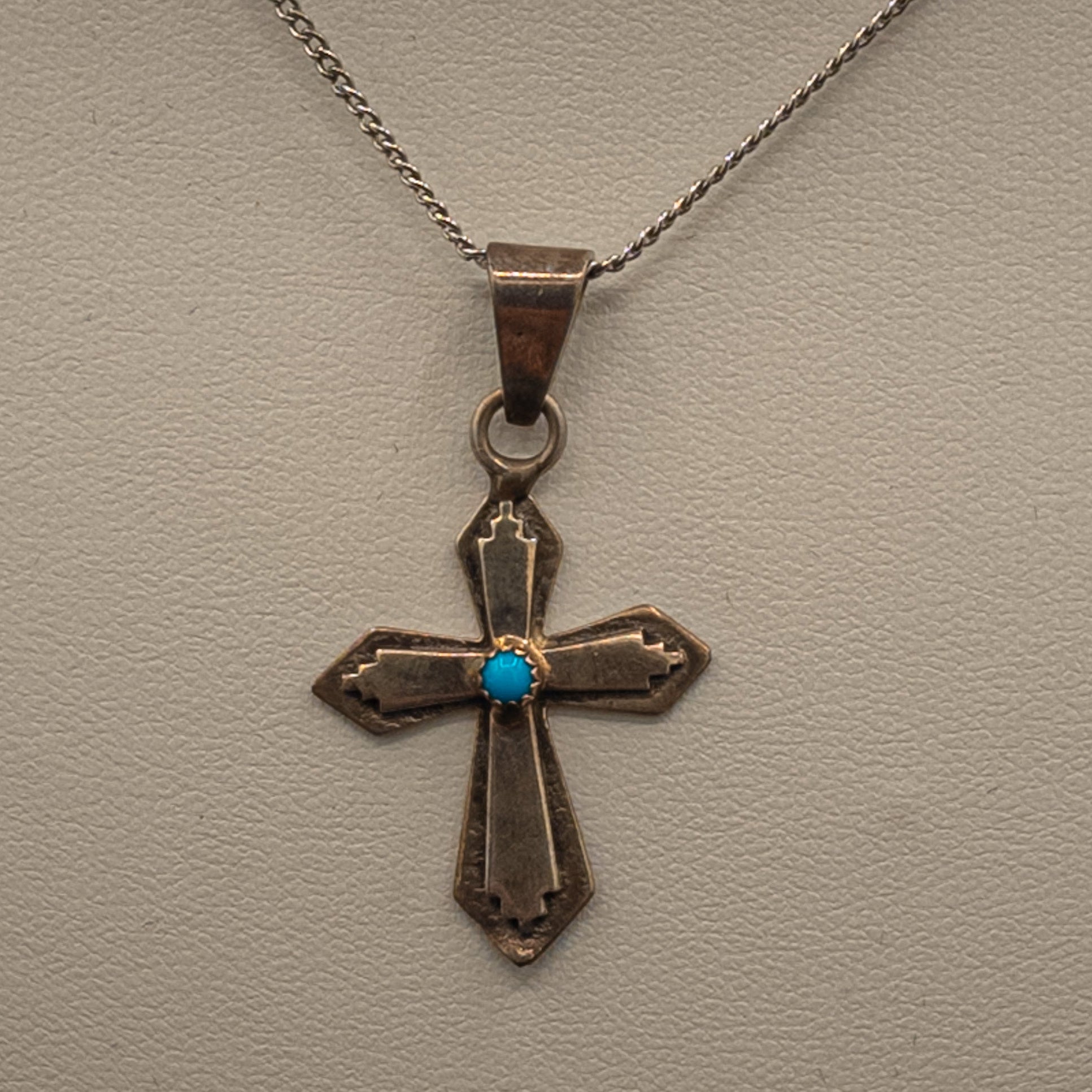 Navajo Sterling Silver Cross Necklace With Turquoise
