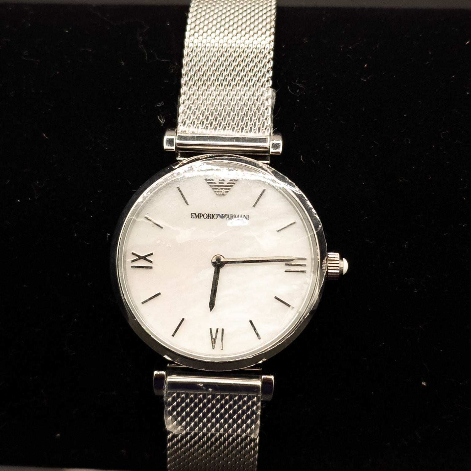 Emporio Armani Gianni T-Bar Women's Watch with Mother of Pearl Dial and Silver Stainless Steel Mesh Strap