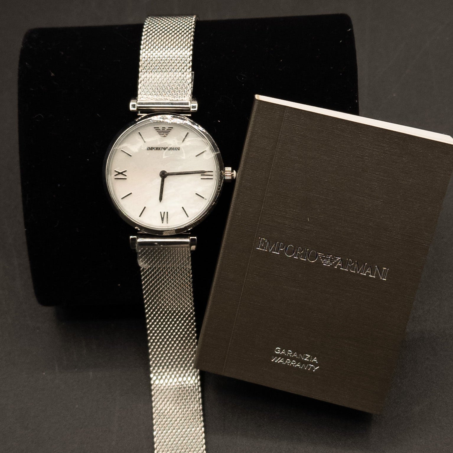 Emporio Armani Gianni T-Bar Women's Watch with Mother of Pearl Dial and Silver Stainless Steel Mesh Strap