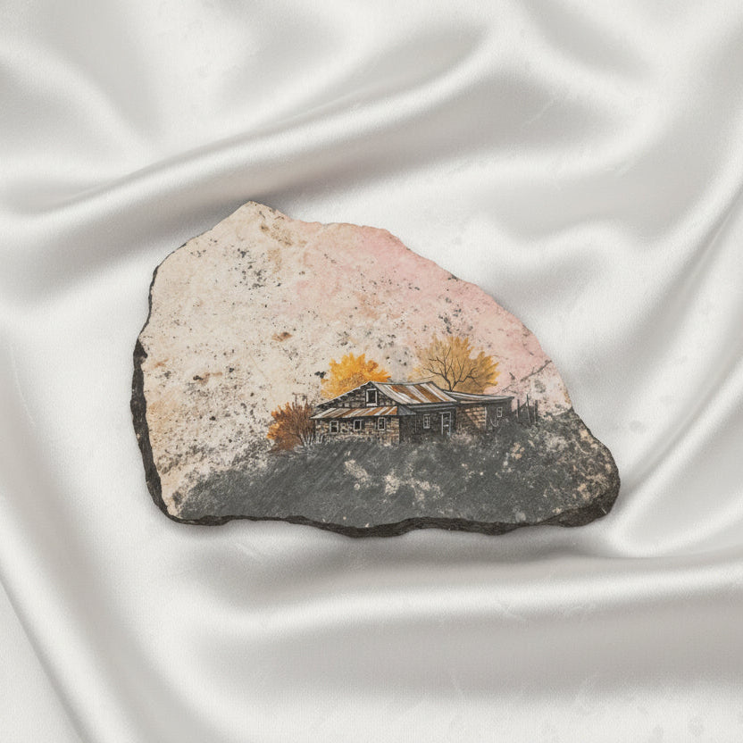Hand-Painted Cabin Scene on a Rhodonite Slab