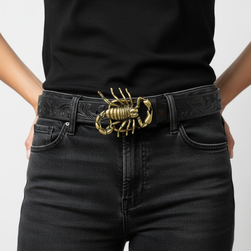 Light Brown Leather Belt with Gold Toned Scorpion Buckle Belt