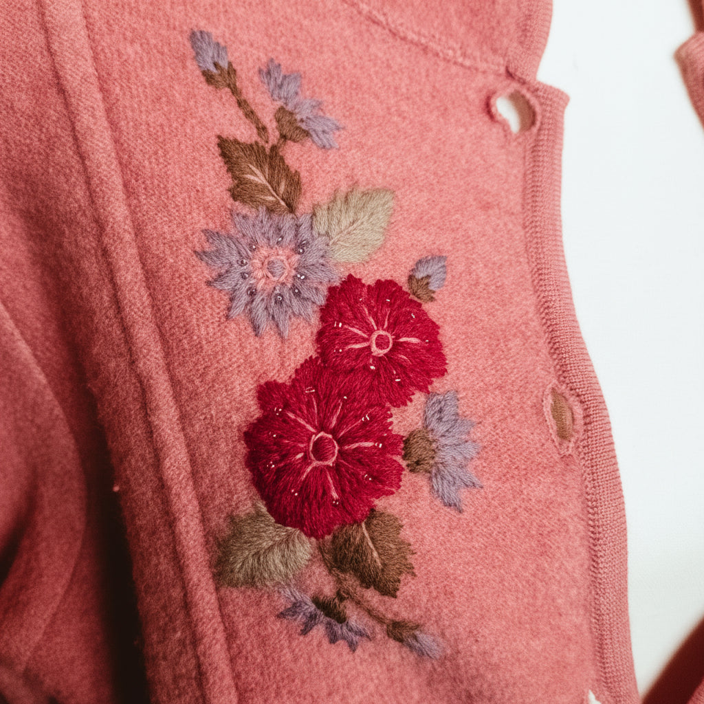 Pendleton Women's Pink Embroidered Floral Cardigan – Virgin Wool, Button-Down, Size Medium