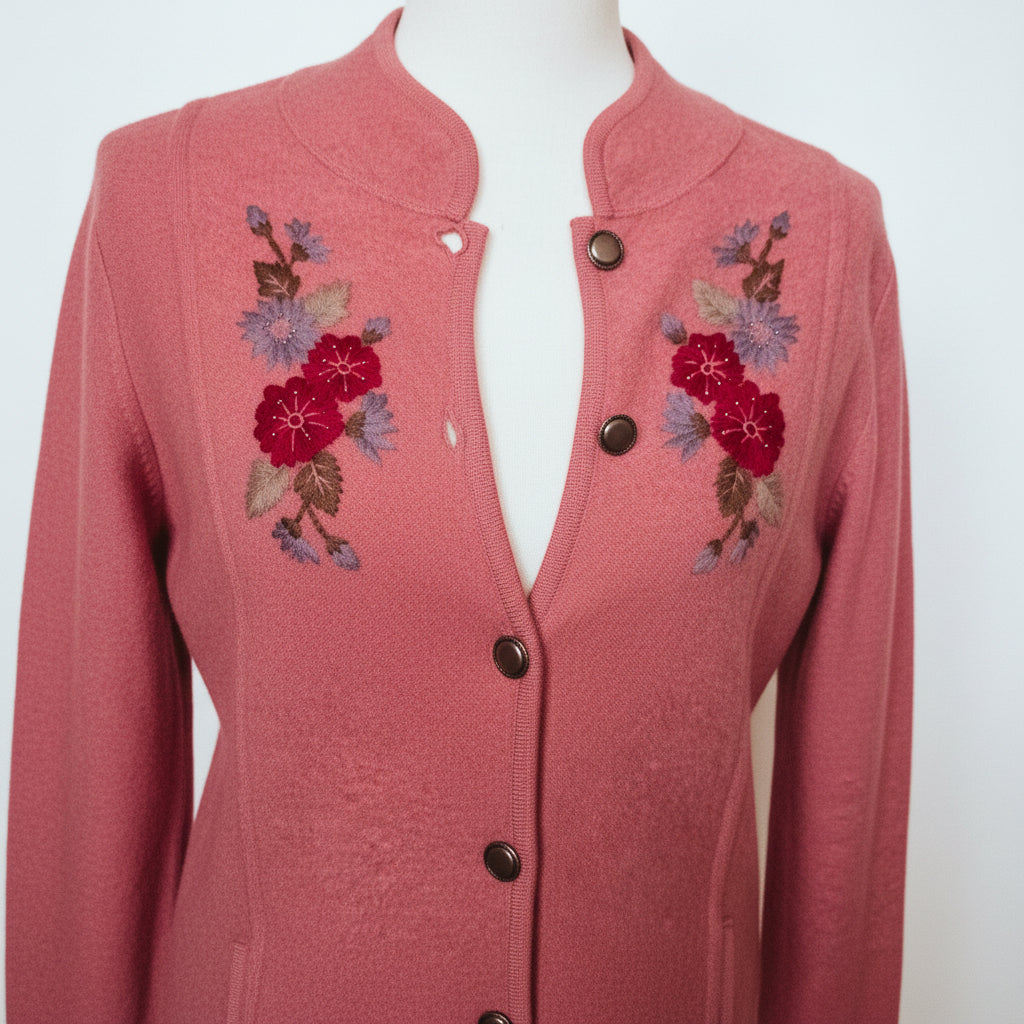 Pendleton Women's Pink Embroidered Floral Cardigan – Virgin Wool, Button-Down, Size Medium