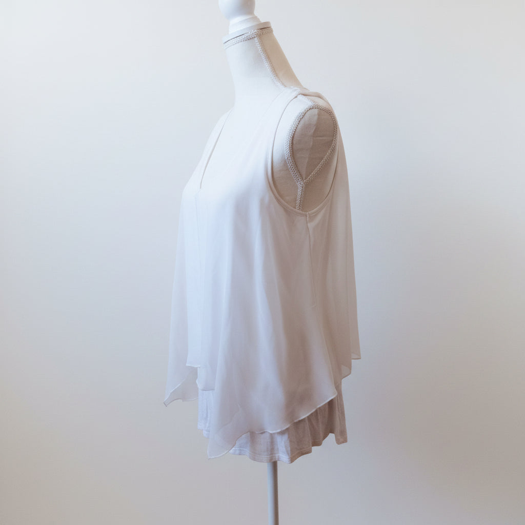 IZ Byer White Flowy Sleeveless Top with V-Cut Neckline
