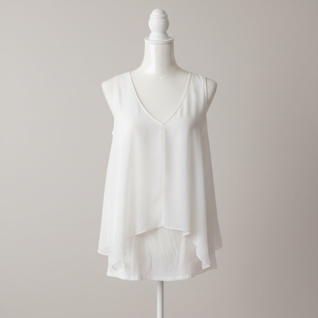 IZ Byer White Flowy Sleeveless Top with V-Cut Neckline