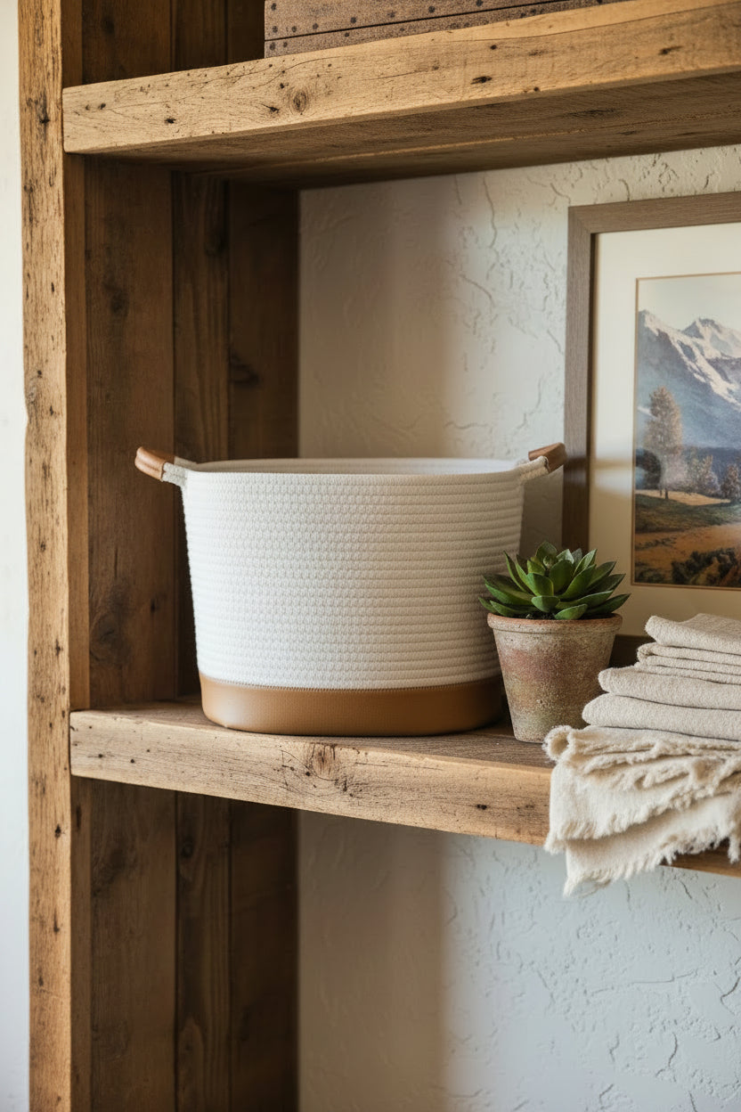 AVA White Woven Cotton Rope Storage Basket with Faux Leather Base & Handles