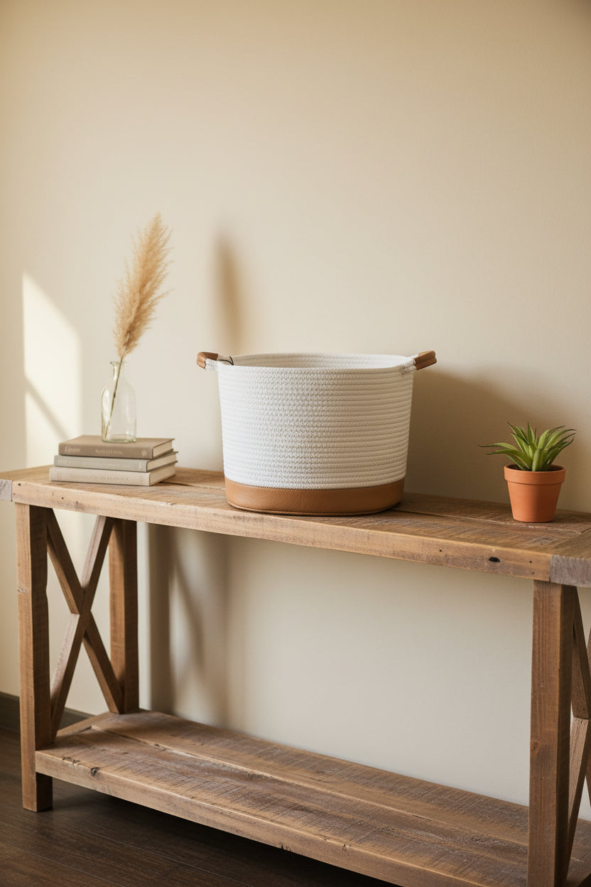 AVA White Woven Cotton Rope Storage Basket with Faux Leather Base & Handles