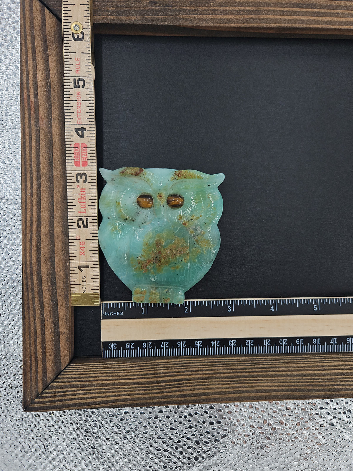 Green Chalcedony Carved Owl With Tigers Eye For Eyes