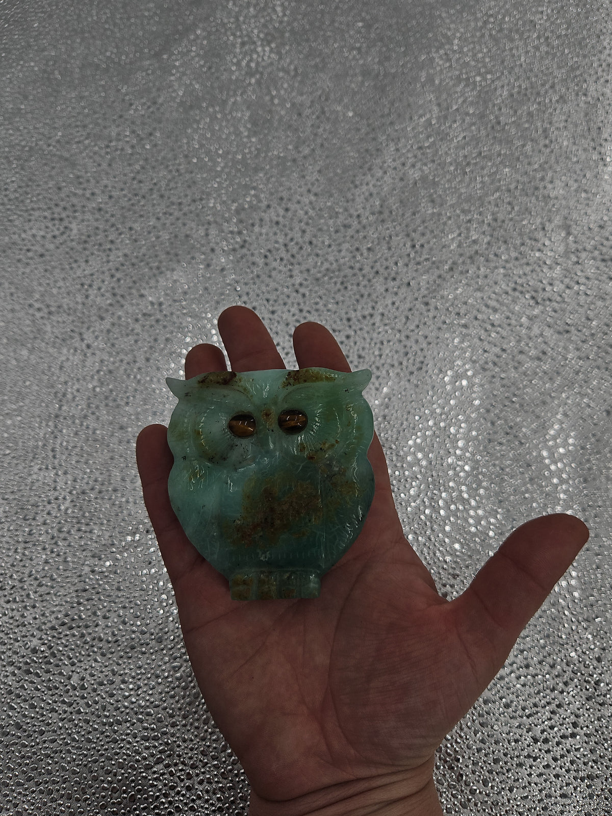 Green Chalcedony Carved Owl With Tigers Eye For Eyes