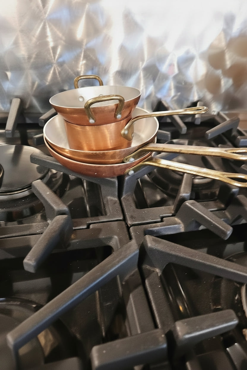 Vintage French Copper Cookware set (4-piece) - Vintage Mini Copper Pots and Pans / Tin - lined / Brass handles - William Sonoma Purchase