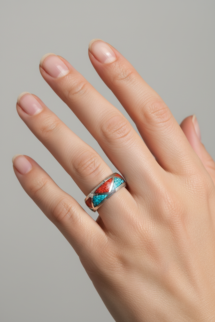 Vintage Old Pawn Turquoise & Coral Inlay Ring – Size 6.5