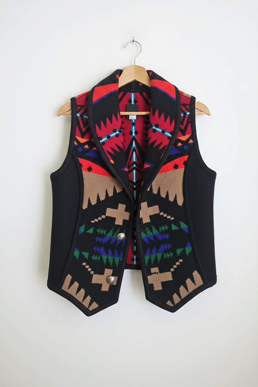 Southwestern Aztec Fleece Vest Women's Small Black Open Front Western Blanket Vest