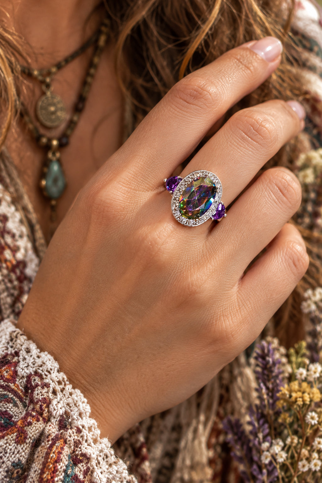 Rainbow Mystic Gemstone & Purple Accent Statement Ring – Size 7