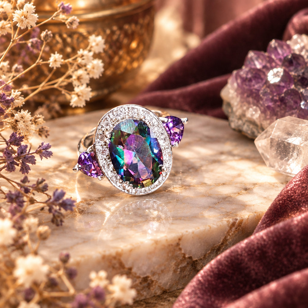 Rainbow Mystic Gemstone & Purple Accent Statement Ring – Size 7