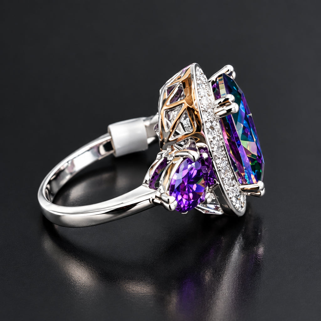 Rainbow Mystic Gemstone & Purple Accent Statement Ring – Size 7