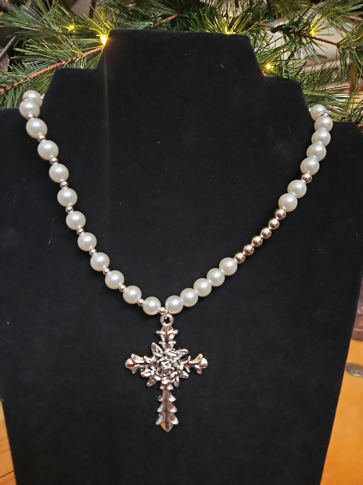 Cross Pendant Faux Pearl Necklace with Silver-Tone Beads