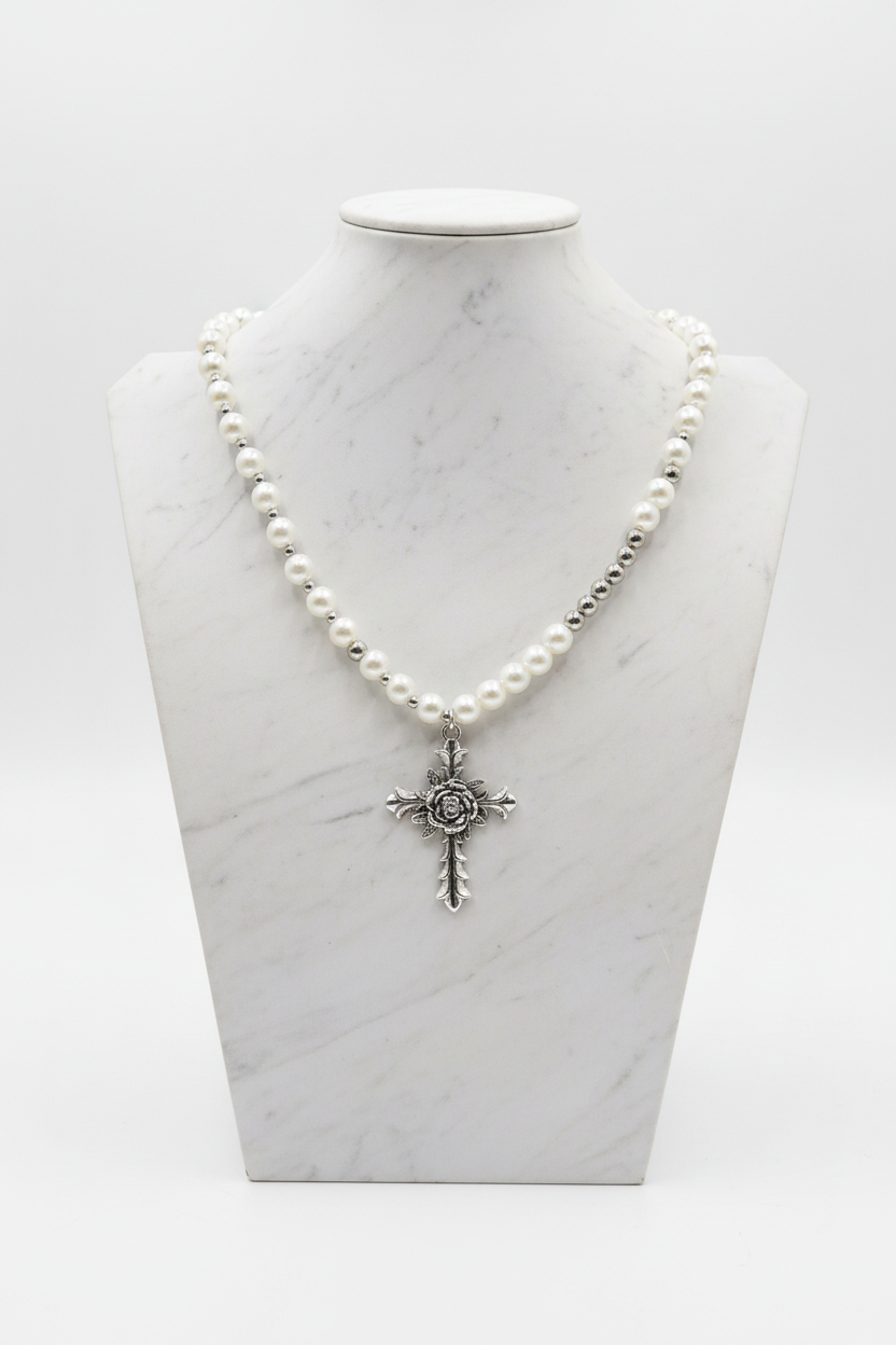 Cross Pendant Faux Pearl Necklace with Silver-Tone Beads