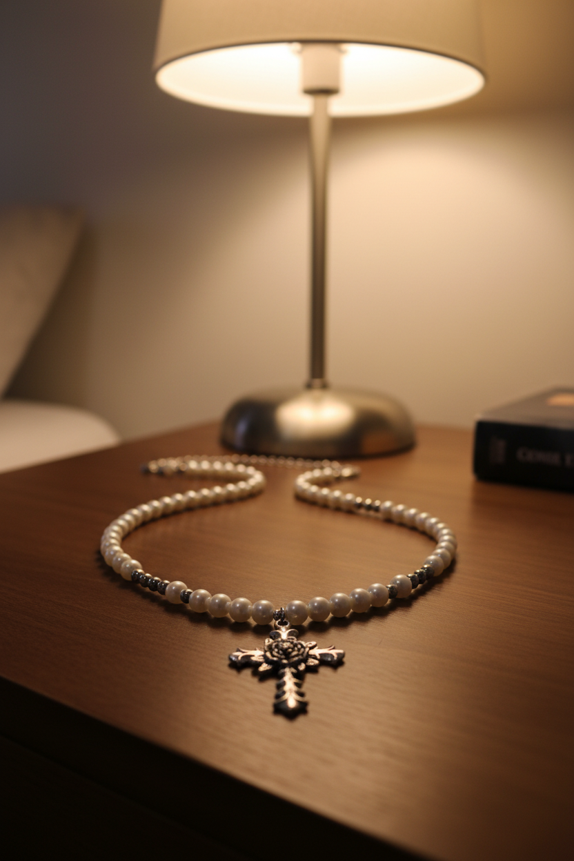 Cross Pendant Faux Pearl Necklace with Silver-Tone Beads