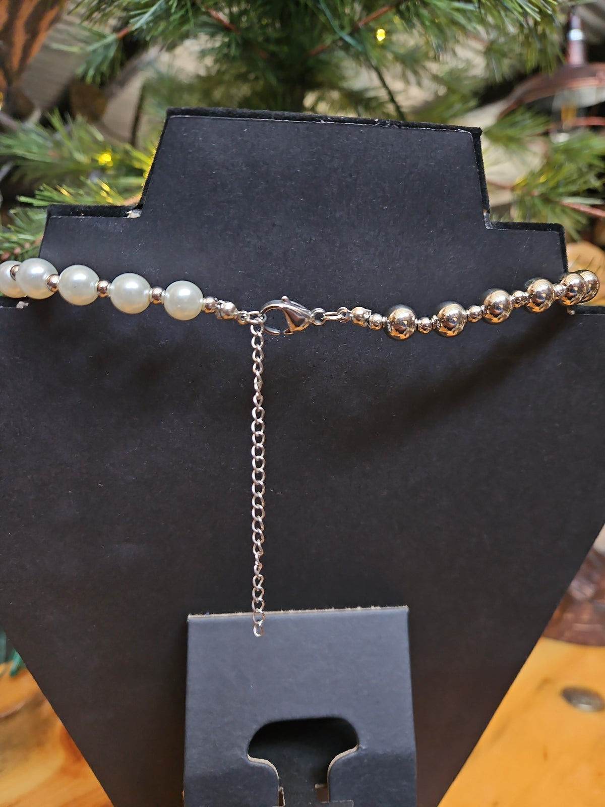 Cross Pendant Faux Pearl Necklace with Silver-Tone Beads